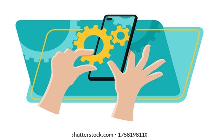 Online management and remote work concept - phone in hands with gears mechanism 
