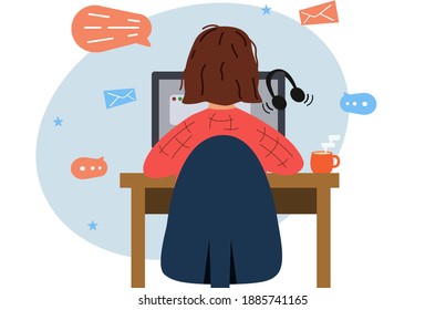 Online manager. Work online from home. The girl works at the computer. Stock vector illustration.Home office concept, woman working from home.