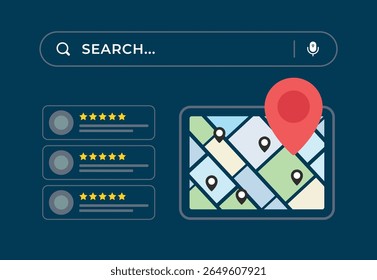 Online Map App Interface with Search Bar Location Pins and Five Star Ratings Dark Blue Background