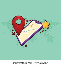 Ilustración de vectores de mapas en línea con Smartphone y marca de pines. Concepto de diseño de elementos de viaje