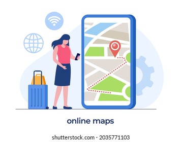 online maps technology, man with a smartphone, digital maps, navigation and direction, flat illustration vector banner