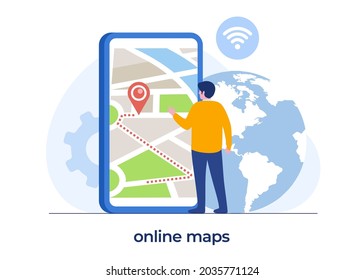 tecnología de mapas en línea, hombre con un smartphone, mapas digitales, navegación y dirección, pancarta vectorial de ilustración plana