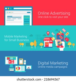 Online Markeing Concept Flat Icons Set Of Seo Internet Advertisement Mobile Promotion Digital Marketing Campaign Search Engine Vector Web Illustration Website Click Infographics Elements Collection