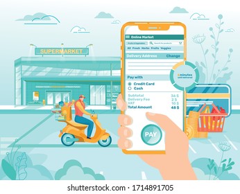 Online Market Application on Mobile Phone Screen. Person Hand Ordering Fruit and Vegetable Filling Form. Man Riding Scooter with Bag Full with Food, Delivering Product to Customer Vector Illustration.