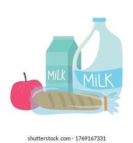 mercado en línea, caja de leche de manzana de pan y botella, entrega de alimentos en la tienda de comestibles ilustración vectorial