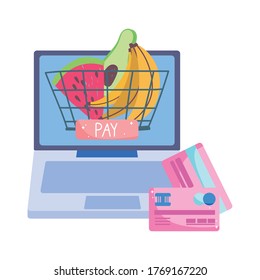 online market, computer bank cards basket, food delivery in grocery store vector illustration