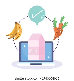 online market, computer milk fruit vegetable check mark, food grocery shop home delivery vector illustration