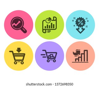 Online market, Discount and Analytics icons simple set. Report document, Shopping cart and Growth chart signs. Shopping cart, Audit analysis. Finance set. Flat online market icon. Circle button