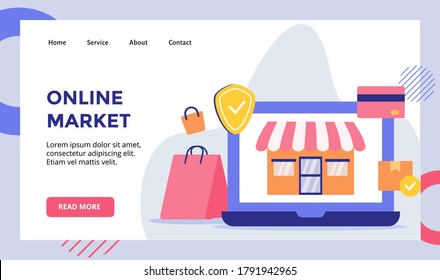 Online market facade store on display monitor laptop for web website home homepage landing page template banner with flat style