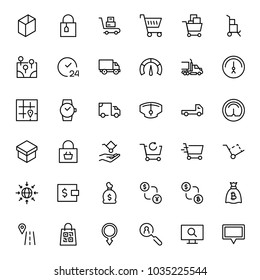 Juego de iconos planos del mercado en línea. Símbolo único de esquema de alta calidad de información para diseño web o aplicación móvil. Señales de línea delgadas para el logotipo de diseño, tarjeta de visita, etc. Logo de esquema del mercado gráfico en línea