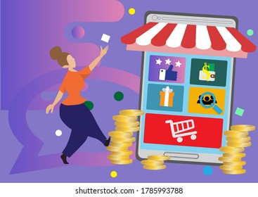 online market illustration E-commerce with more products and services, generating money, creating jobs and a new era of market value. flat vector design