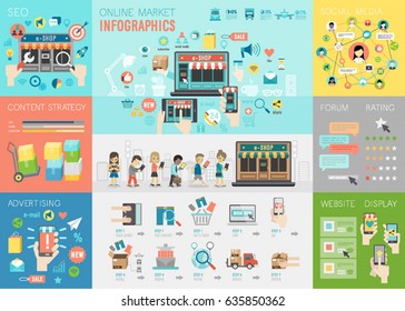 Online Market Infographic set with charts and other elements.