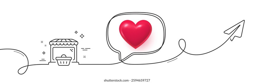 Online market line icon. Continuous line with share plane. Shopping cart sign. Retail marketplace symbol. 3d heart in speech bubble. Online market single line ribbon. Loop curve pattern. Vector