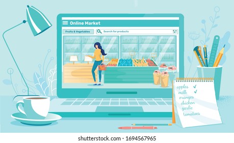 Online Market on Laptop Screen, Girl Going in Supermarket with Basket near Counter with Fruit, Vegetable. Search for Product in Application. Gadget on Table with Shopping List Vector Illustration.