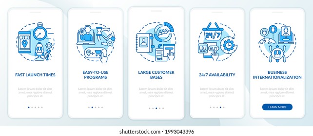 Online market place benefits onboarding mobile app page screen. Large consumer base walkthrough 5 steps graphic instructions with concepts. UI, UX, GUI vector template with linear color illustrations