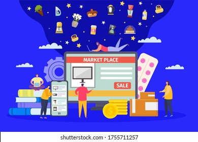 Online market place in flat computer, vector illustration. Web internet store business concept, mobile marketing and e-commerce. Marketing people character sale by shop technology at large screen.