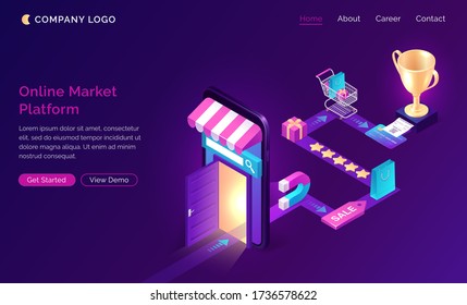 Online market platform isometric landing page, customer journey road map. Buyer shopping experience route, business marketing strategy. Stages of buying since wish to purchase. 3d vector web banner