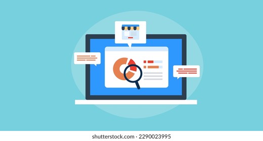 Online market research, Analysis of business target market, data analytics dashboard on laptop screen - flat design vector illustration with icons