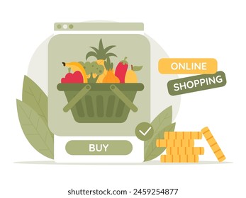 Online market. Shopping cart Recycle bag full of organic food. Online shopping concept