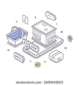 Online market with a shopping cart, a small retail structure, sale tags, and various digital elements, emphasizing e-commerce and online shopping activity. Isometric vector illustration