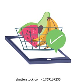 online market, smartphone basket check mark fruits, food delivery in grocery store vector illustration