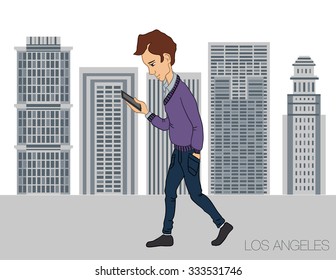 Online market in smartphone. Icons app of entertainment and business via cloud service and technology. Walking guy with mobile phone in Los Angeles. Vector illustration of cartoon man for presentation