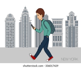 Online market in smartphone. Icons app of entertainment and business via cloud service and technology. Walking guy with mobile phone in New York. Vector illustration of cartoon man for presentation
