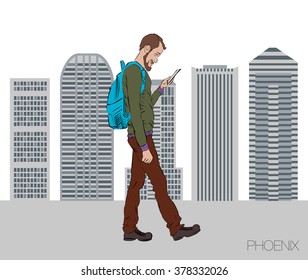 Online market in smartphone. Icons app of entertainment and business via cloud service and technology. Walking guy with mobile phone in Phoenix. Vector illustration of cartoon man for presentation