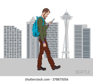 Online market in smartphone. Icons app of entertainment and business via cloud service and technology. Walking guy with mobile phone in Seattle. Vector illustration of cartoon man for presentation