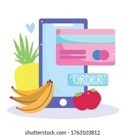 online market, smartphone order pay digital, food grocery shop home delivery vector illustration