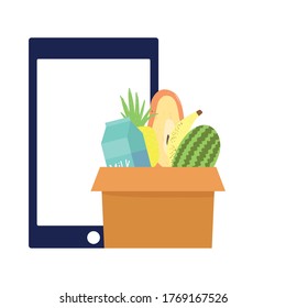 online market, smartphone pay and order technology, food grocery shop home delivery vector illustration