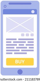 Online market in smartphone, shopping application with buy button. Phone with program for purchases of goods via Internet vector illustration. Smart app, retail mobility solutions, internet shopping