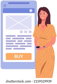 Online market in smartphone, shopping application with buy button. Phone with program for purchases of goods via Internet vector illustration. Smart app, retail mobility solutions, internet shopping