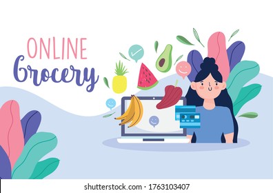 online market, woman with laptop and bank credit card payment, food delivery in grocery store vector illustration