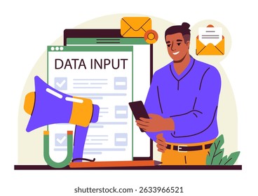 Online marketer man. Young guy with smartphone near loudspeaker. SMM or SEO specialist. Internet and social media promotion, online advertising. Flat vector illustration