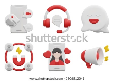 Online marketing 3d vector icon set. Content marketing, customer service, feedback, inbound marketing, influencer, megaphone. Isolated on white background. 3d icon vector render illustration.