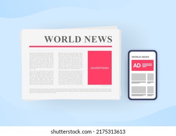 Online Marketing Ad Vs Offline Traditional Advertising Concept. Newspaper Or News Portal In Digital And Print Paper Form With Space For Advertising Blocks