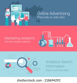 Online Marketing Advertisement Concept Flat Icons Set Of Hands Touch Screen Tablet Phone Laptop Ads Research Audience Analytics Vector Web Illustration Website Click Infographics Elements Collection