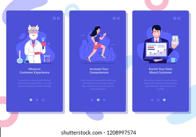 Online marketing and advertising onboarding mobile app page screens. Customer experience research, increasing competences and building customer database UI concepts with people using technology.