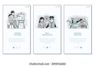 Online marketing and advertising onboarding mobile app page screens. Creative ideas visualization, moving forward and sharing customer experience UI concepts with happy woman using technology gadgets.