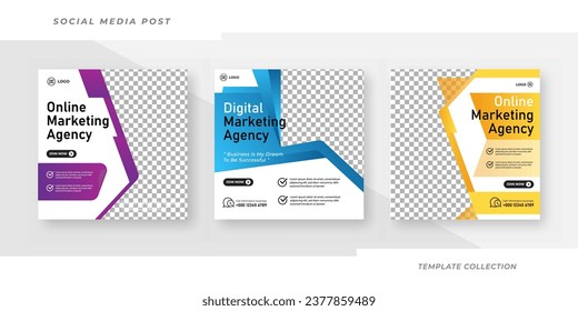 Online marketing agency minimal square banner template with geometric shapes for social media post, story and web internet ads. Vector illustration