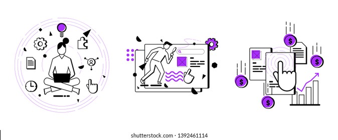 Online marketing agency work making money online webdesign on advertising business concentration meditation flat icons line art vector set