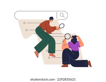 Online marketing analysis and SEO concept. Search engine bar, tiny people with magnifying glasses surfing internet, analyzing queries, keywords. Flat vector illustration isolated on white background