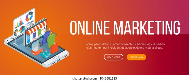 Online marketing banner. Isometric online shop on a mobile phone. Concept about online shopping. Highly detailed illustration