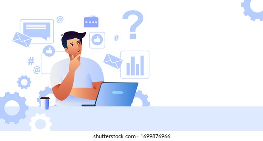 Online marketing banner with thoughtful male character, laptop, social media icons. Freelance research and analysis concept with copy space. For web design, marketing materials, presentations