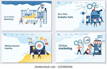 Online marketing, Best Web Analytics tools, Effective keyword targeting tools, Social Media advertising. Mockup landing page website design. Modern trend flat design concept of web page design for