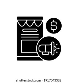 Online marketing black glyph icon. Component of marketing that utilizes internet and online based digital technologies. Silhouette symbol on white space. Vector isolated illustration