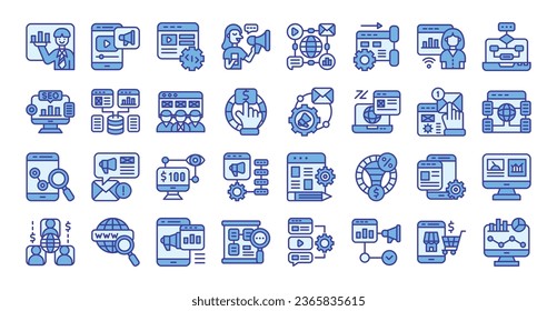 Online marketing (blue colored outline) icons set. The collection includes business and development, programming, web design, app design, and more.