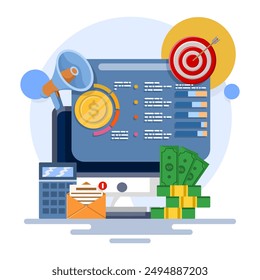 Online marketing budget concept, marketing revenue, investment flat vector with icons, Financial investment, Investment in innovation, marketing, analysis. flat vector illustration.