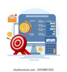 Online marketing budget concept, marketing revenue, investment flat vector with icons, Financial investment, Investment in innovation, marketing, analysis. flat vector illustration.